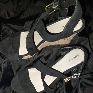 George Black and Tan Wedge Sandals